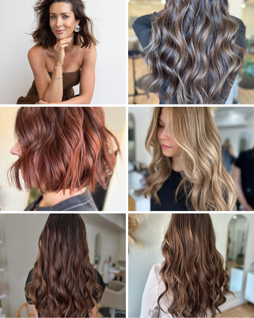 Collage of Eve Salon hair colour and styling work with a stylist portrait