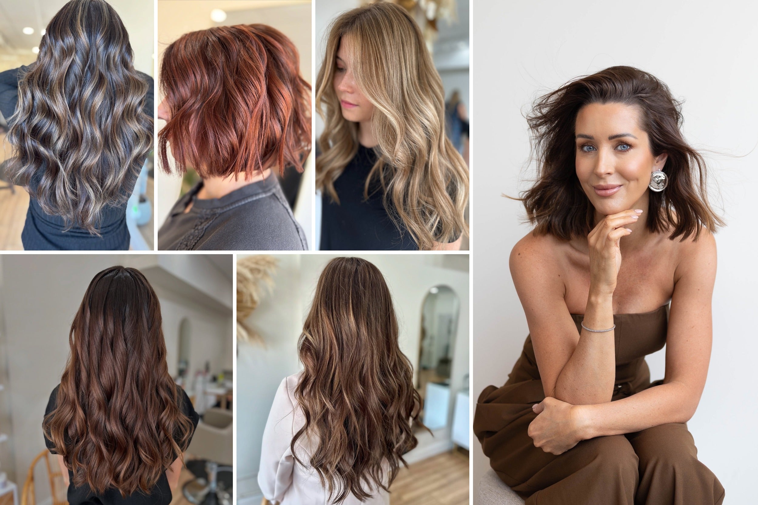 Collage of Eve Salon hair colour and styling work with a stylist portrait